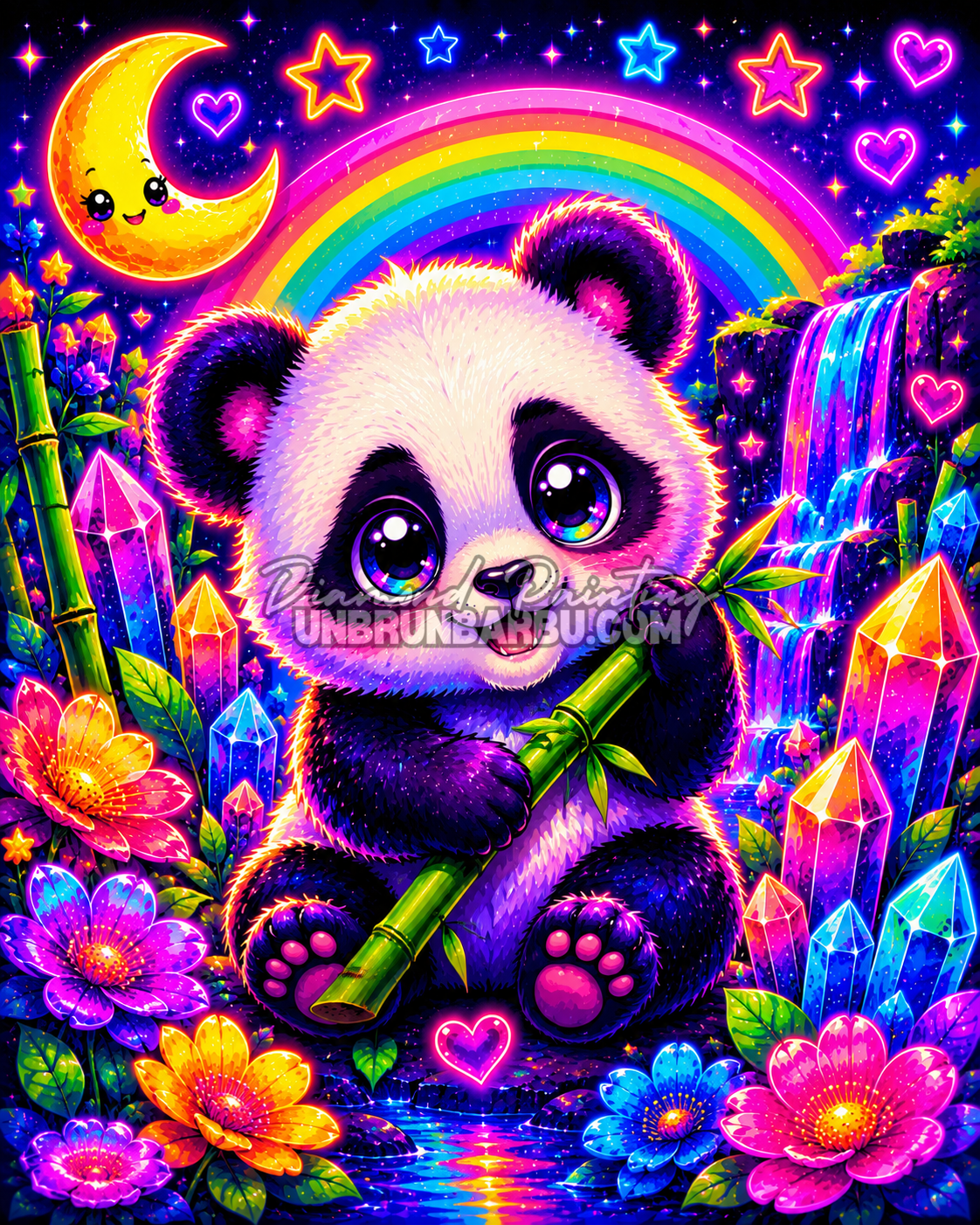 diamond painting panda des cristaux arc en ciel 70x90 panda kawaii avec bambou et arc en ciel