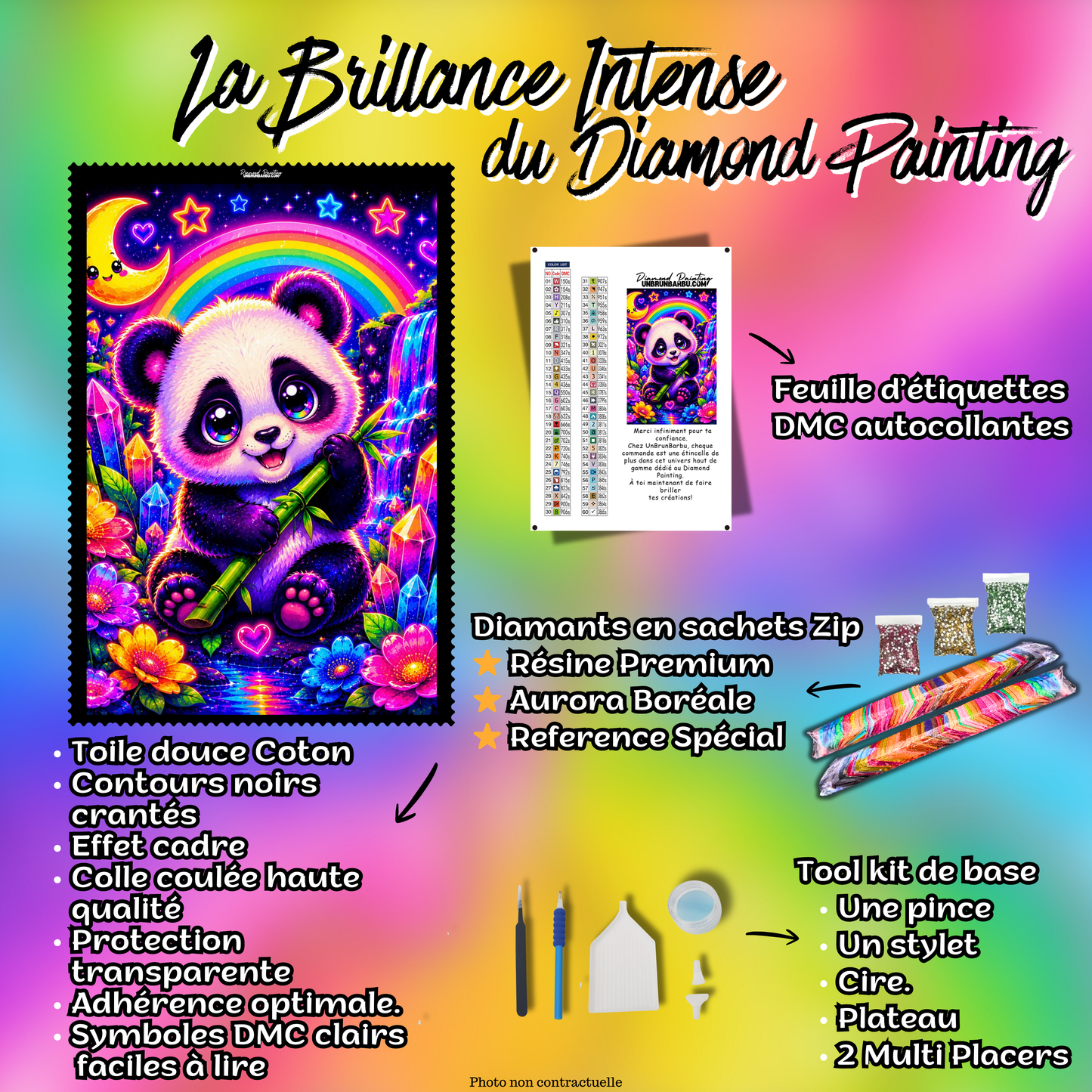 diamond painting panda des cristaux arc en ciel 70x90 kit complet avec accessoires et diamants