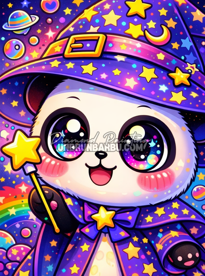 illustration diamond painting panda magicien kawaii arc en ciel