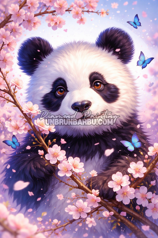 illustration diamond painting panda sakura fleurs cerisier
