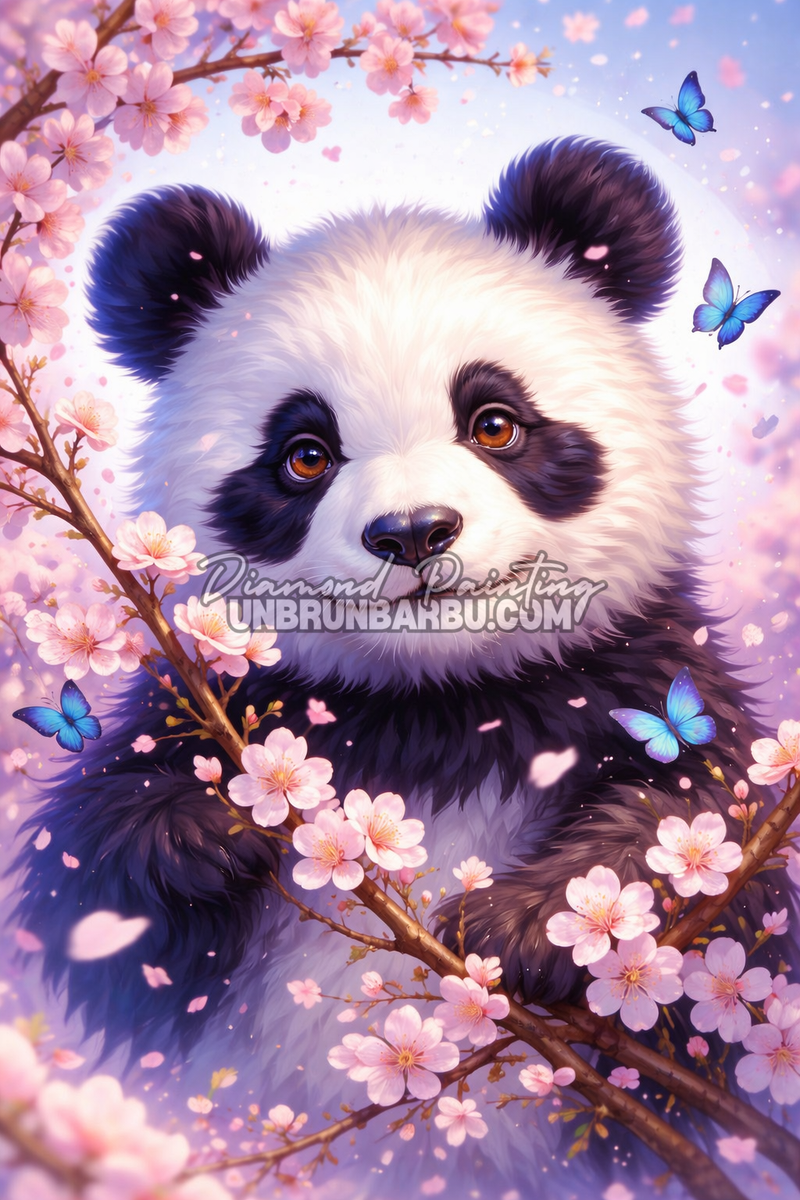 illustration diamond painting panda sakura fleurs cerisier