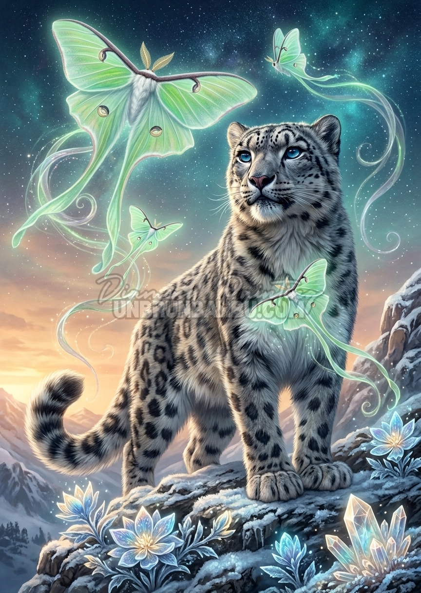 Diamond Painting Panthere des Neiges et Papillons de Lune 70x100 cm avec felin, fleurs et cristaux lumineux