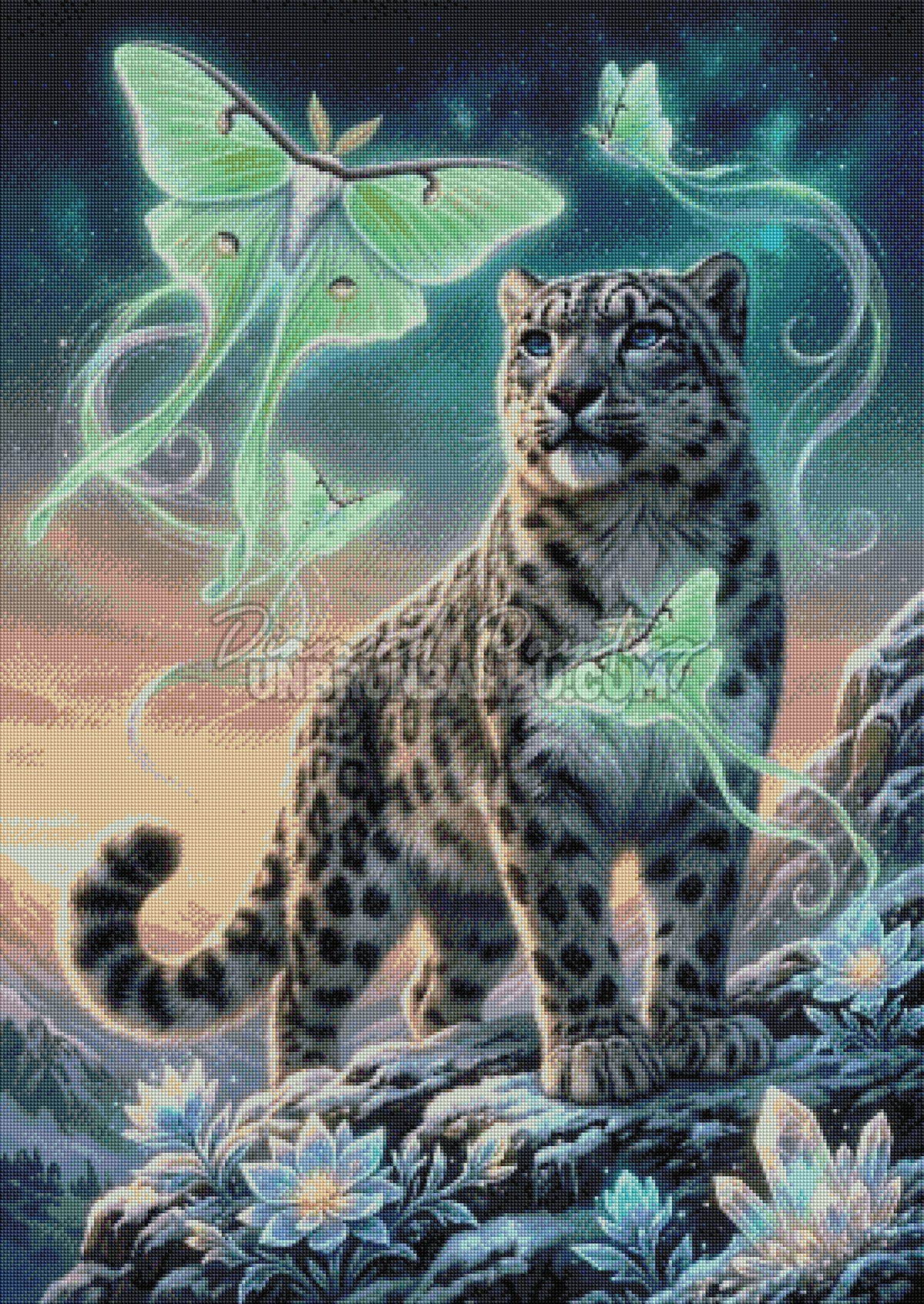 Rendu diamante du Diamond Painting Panthere des Neiges et Papillons de Lune 70x100 cm sous un ciel etoile