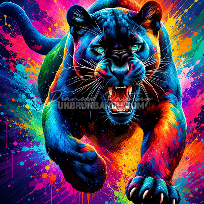 Diamond Painting La Panthere Electrique 90x90 cm avec panthere noire multicolore en plein bond