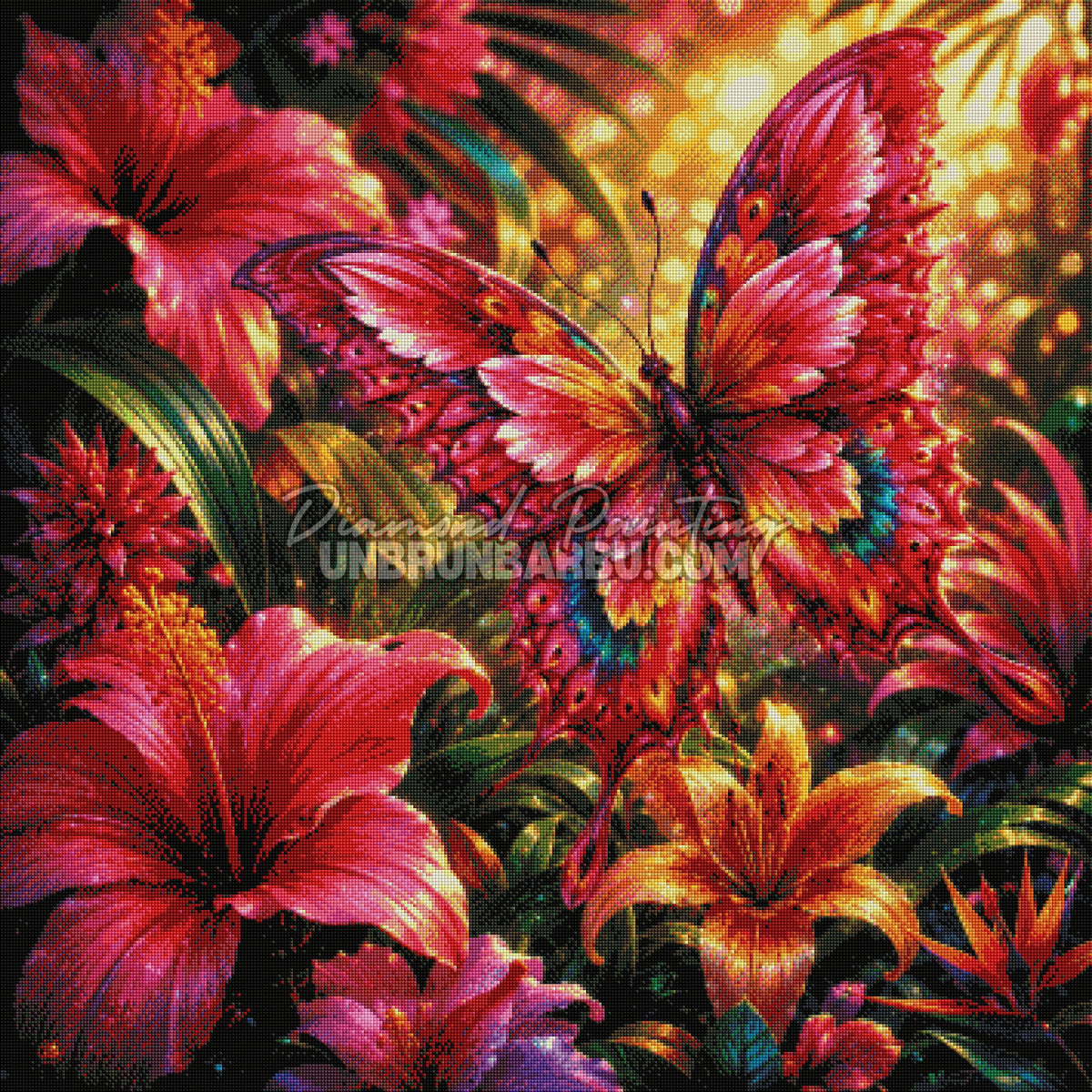 Rendu diamante du Diamond Painting Papillon aux Hibiscus Flamboyants 90x90 cm avec fleurs exotiques