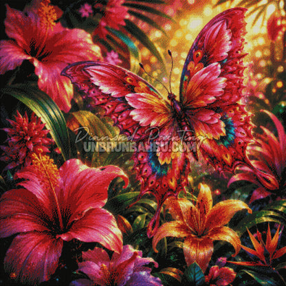 Rendu diamante du Diamond Painting Papillon aux Hibiscus Flamboyants 90x90 cm avec fleurs exotiques