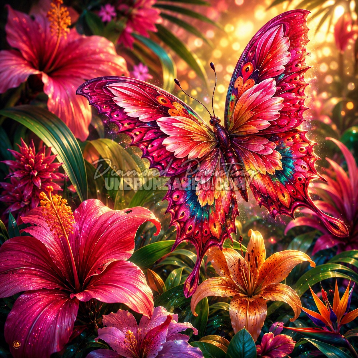 Diamond Painting Papillon aux Hibiscus Flamboyants 90x90 cm avec ailes roses et jardin tropical