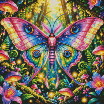Rendu diamante du Diamond Painting Papillon de Nuit aux Mille Couleurs 80x80 cm avec ocelles bleus et foret enchantee