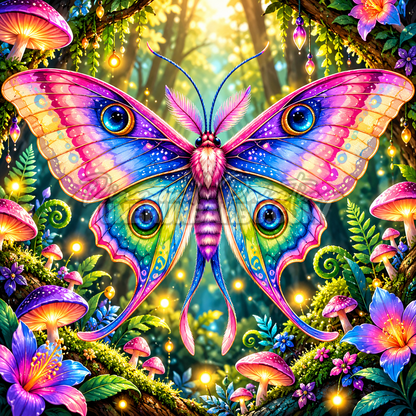 Diamond Painting Papillon de Nuit aux Mille Couleurs 80x80 cm avec ailes arc-en-ciel et champignons lumineux