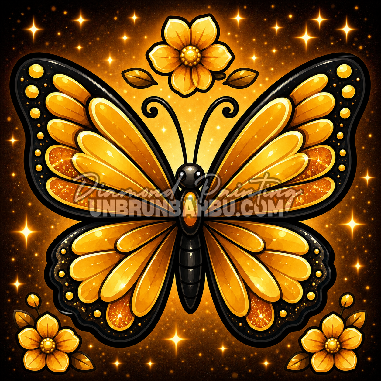 diamond painting papillon dore des etoiles 40x40 couleurs or et noir