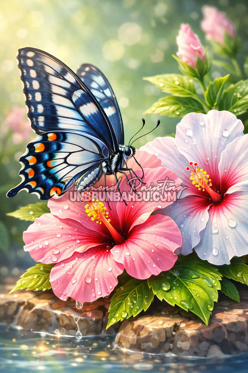 illustration diamond painting papillon hibiscus fleurs roses