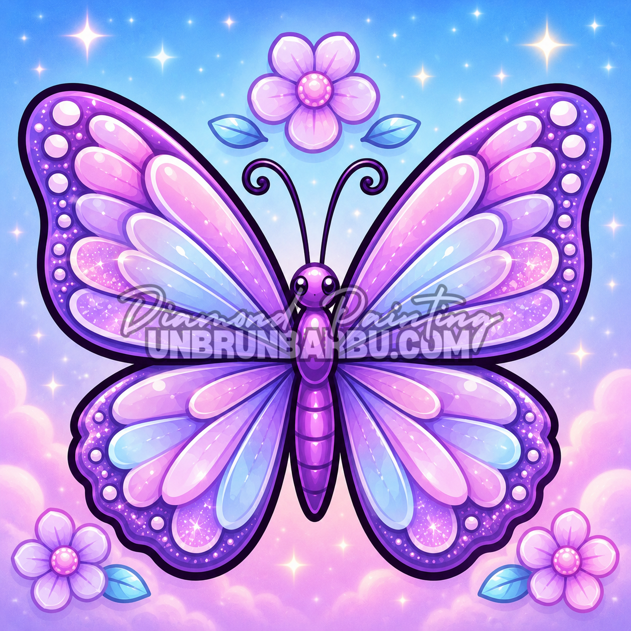 diamond painting papillon lavande des nuages 40x40 tons violet pastel
