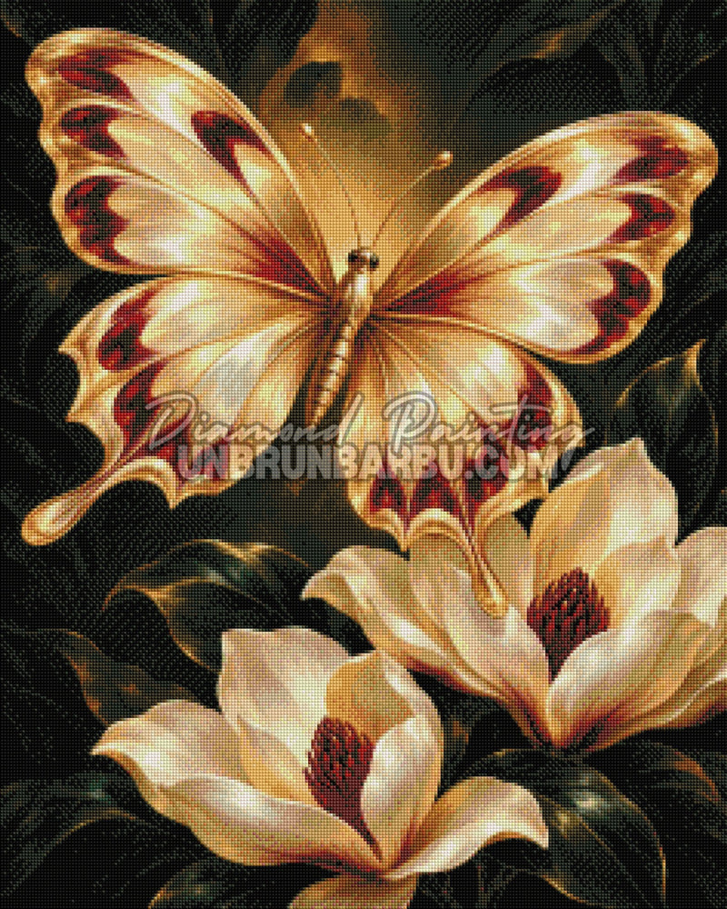 Aperçu du rendu en diamants du Diamond Painting Papillon Nacré aux Magnolias 60x75 cm