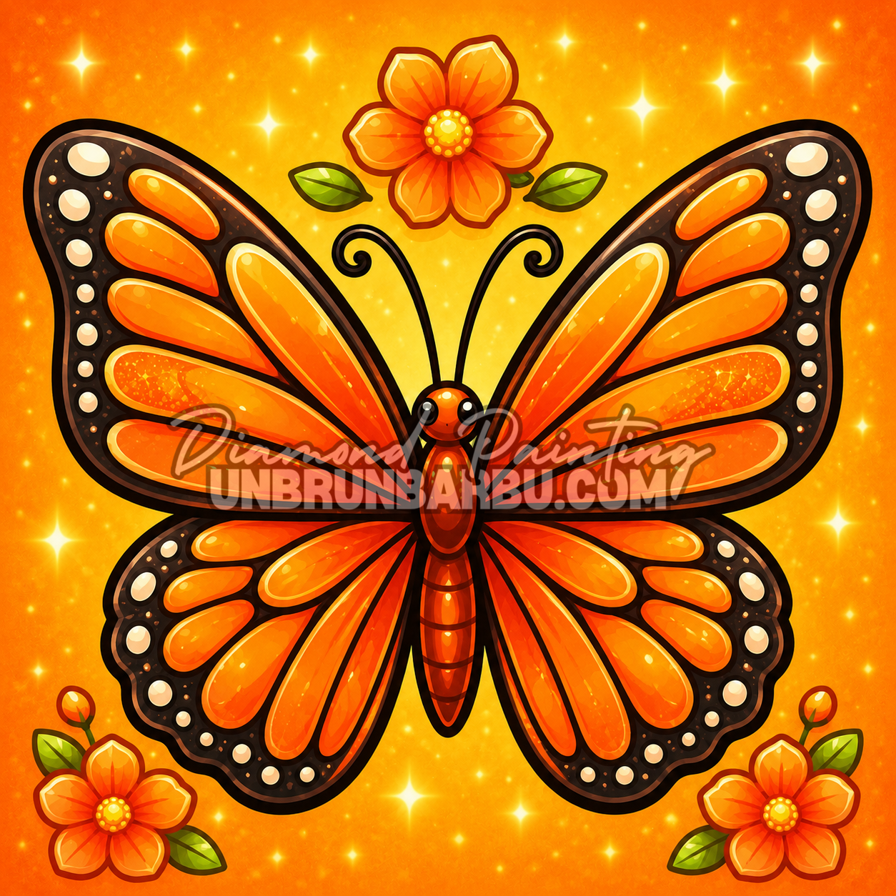 diamond painting papillon orange soleil 40x40 couleurs orange lumineuses
