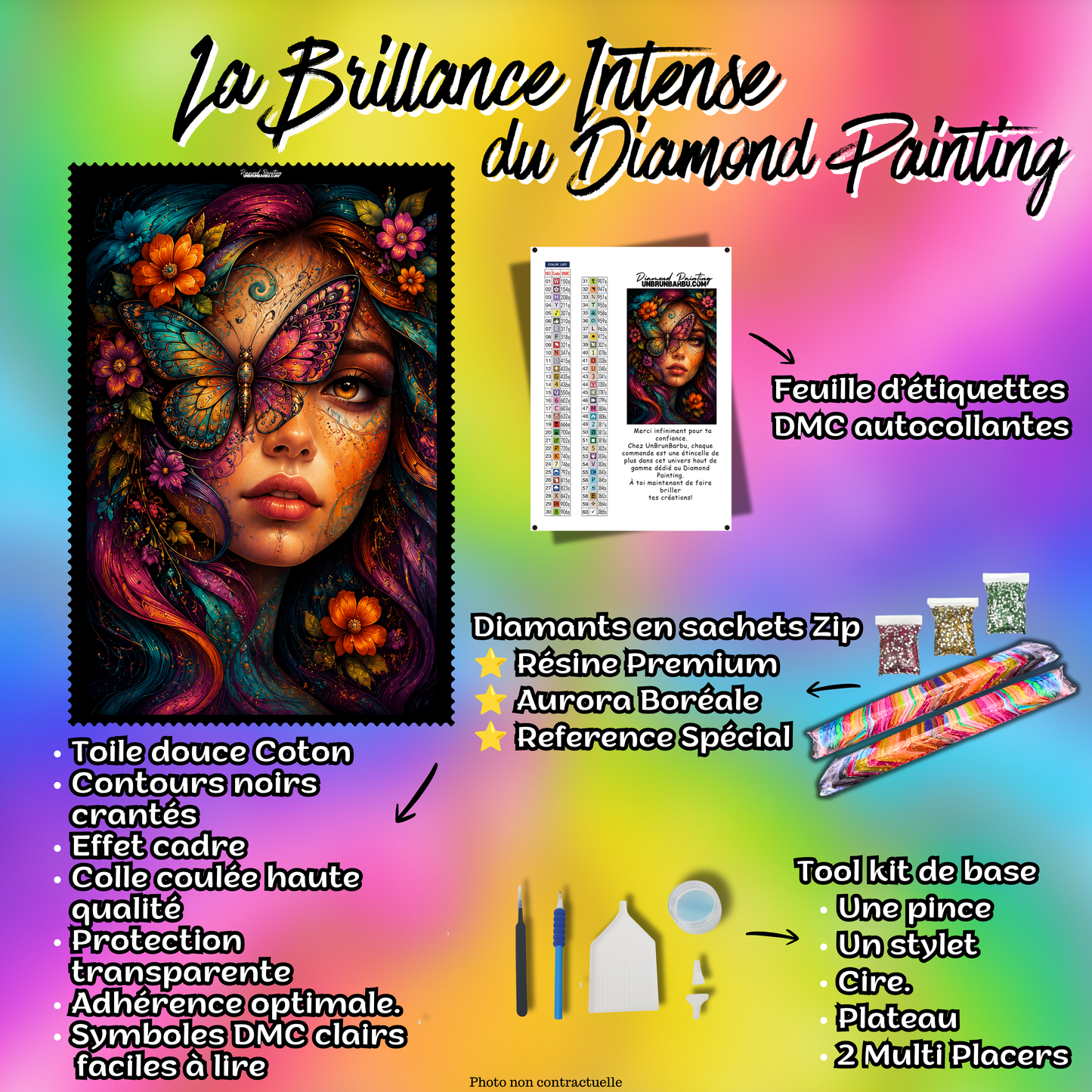 Kit complet Diamond Painting Papillon sur le Regard 70x105 cm avec toile coton, diamants Premium et accessoires