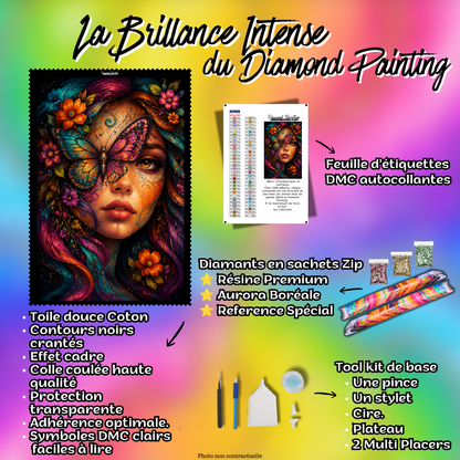 Kit complet Diamond Painting Papillon sur le Regard 70x105 cm avec toile coton, diamants Premium et accessoires