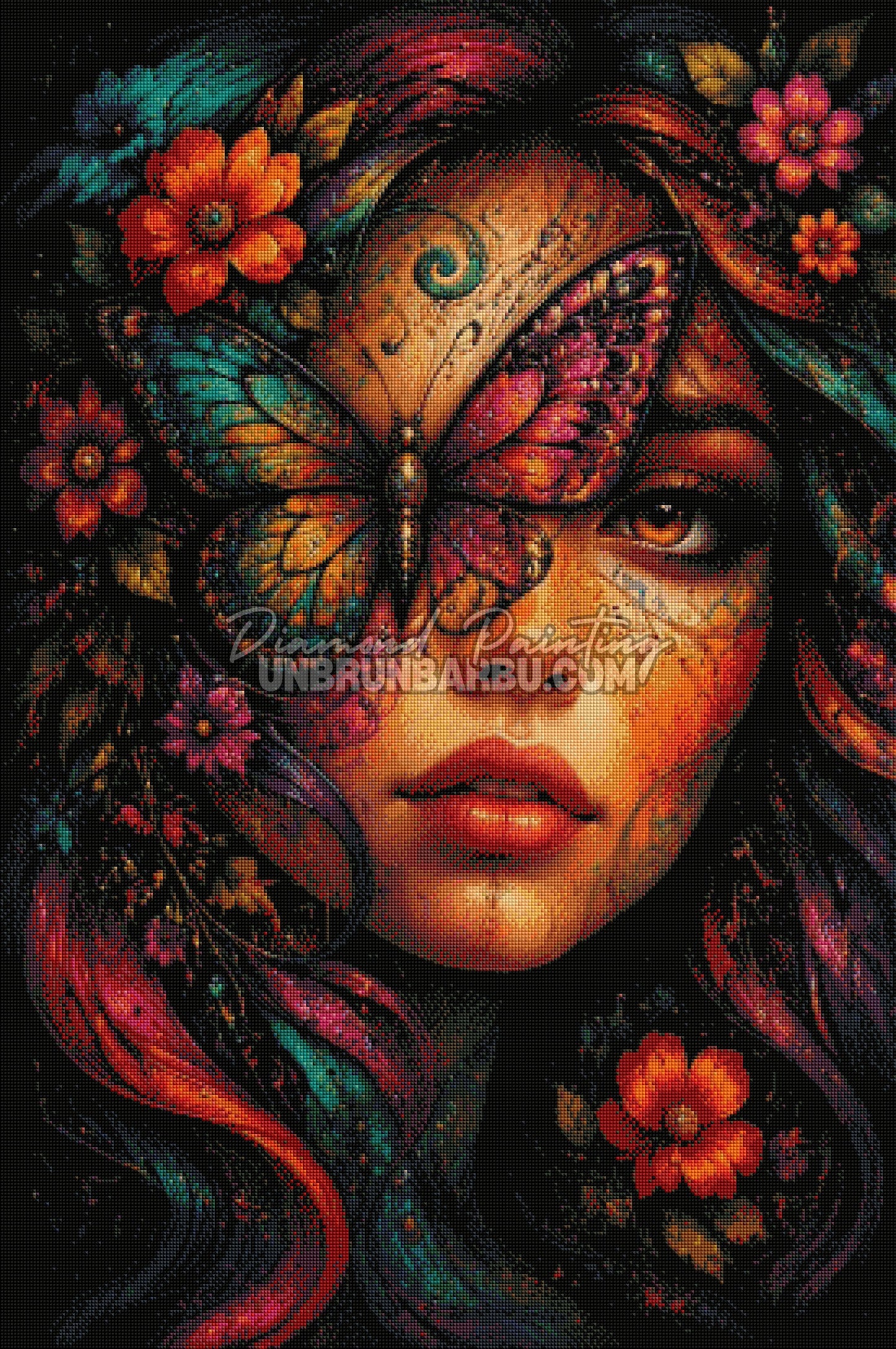 Rendu diamanté du Diamond Painting Papillon sur le Regard avec portrait de femme, papillon multicolore et ambiance sombre