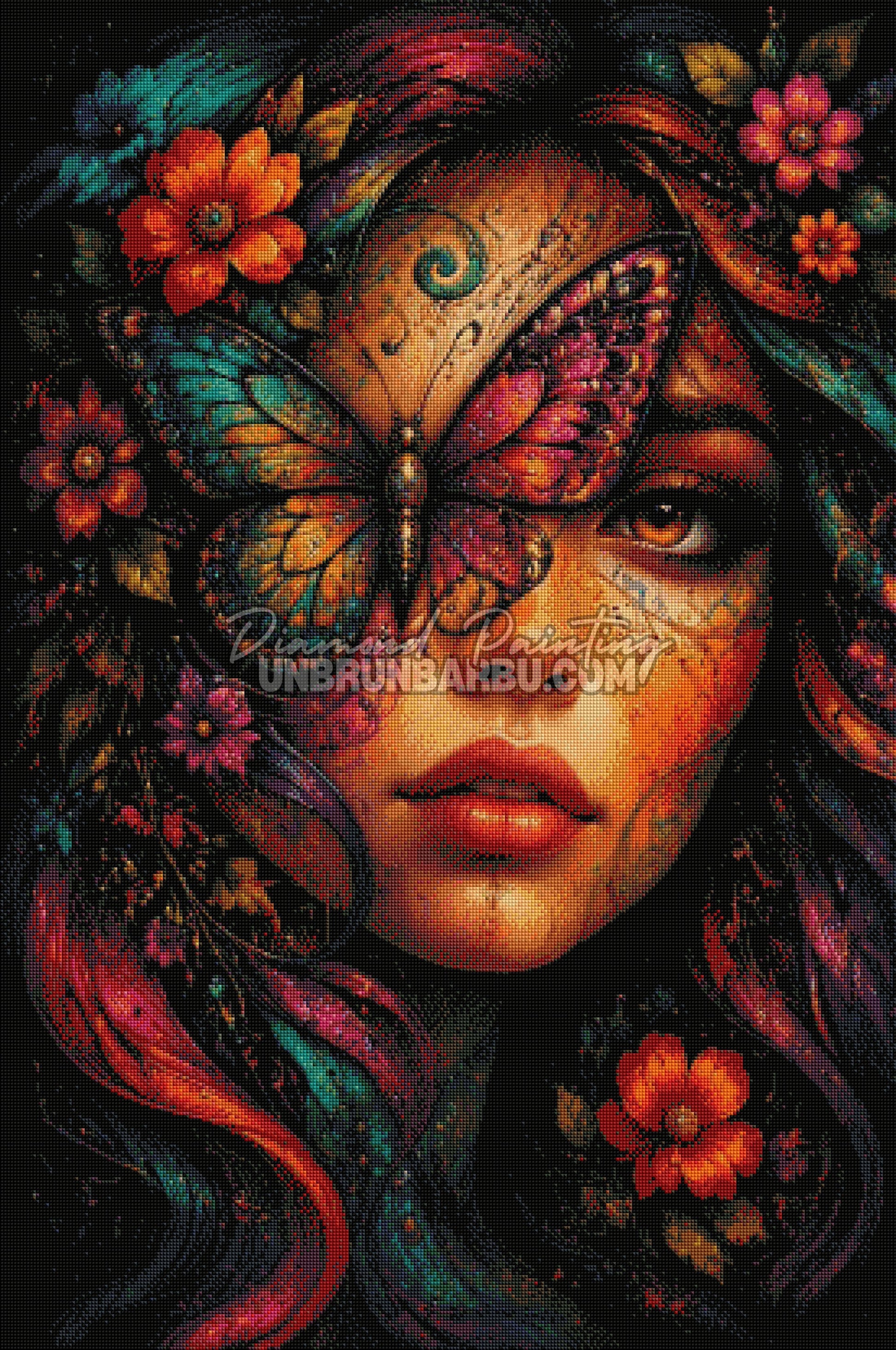 Rendu diamanté du Diamond Painting Papillon sur le Regard avec portrait de femme, papillon multicolore et ambiance sombre
