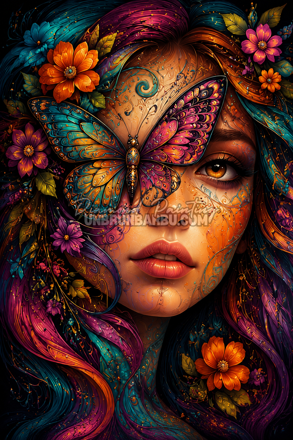 Diamond Painting Papillon sur le Regard 70x105 cm avec portrait féminin, grand papillon coloré et fleurs lumineuses