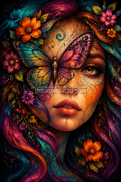 Diamond Painting Papillon sur le Regard 70x105 cm avec portrait féminin, grand papillon coloré et fleurs lumineuses
