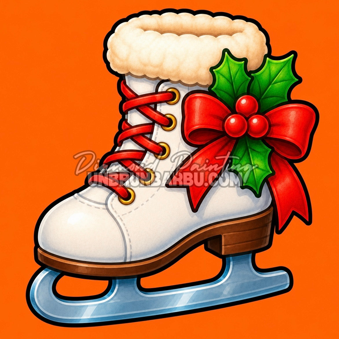 Diamond Painting patin à glace de Noël 30x30 cm avec ruban rouge et houx sur fond orange