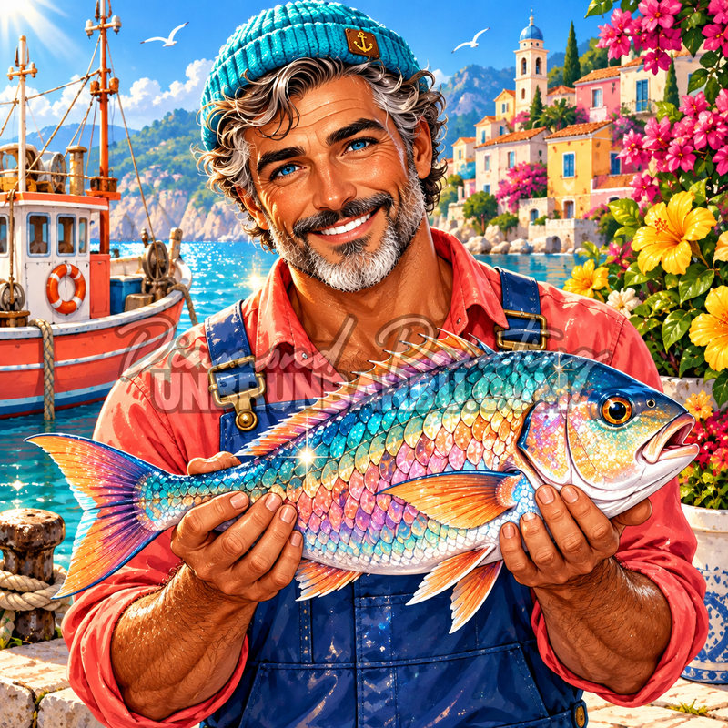 Diamond Painting Pecheur de la Cote Fleurie 120x120 cm avec poisson colore, bateau et village marin
