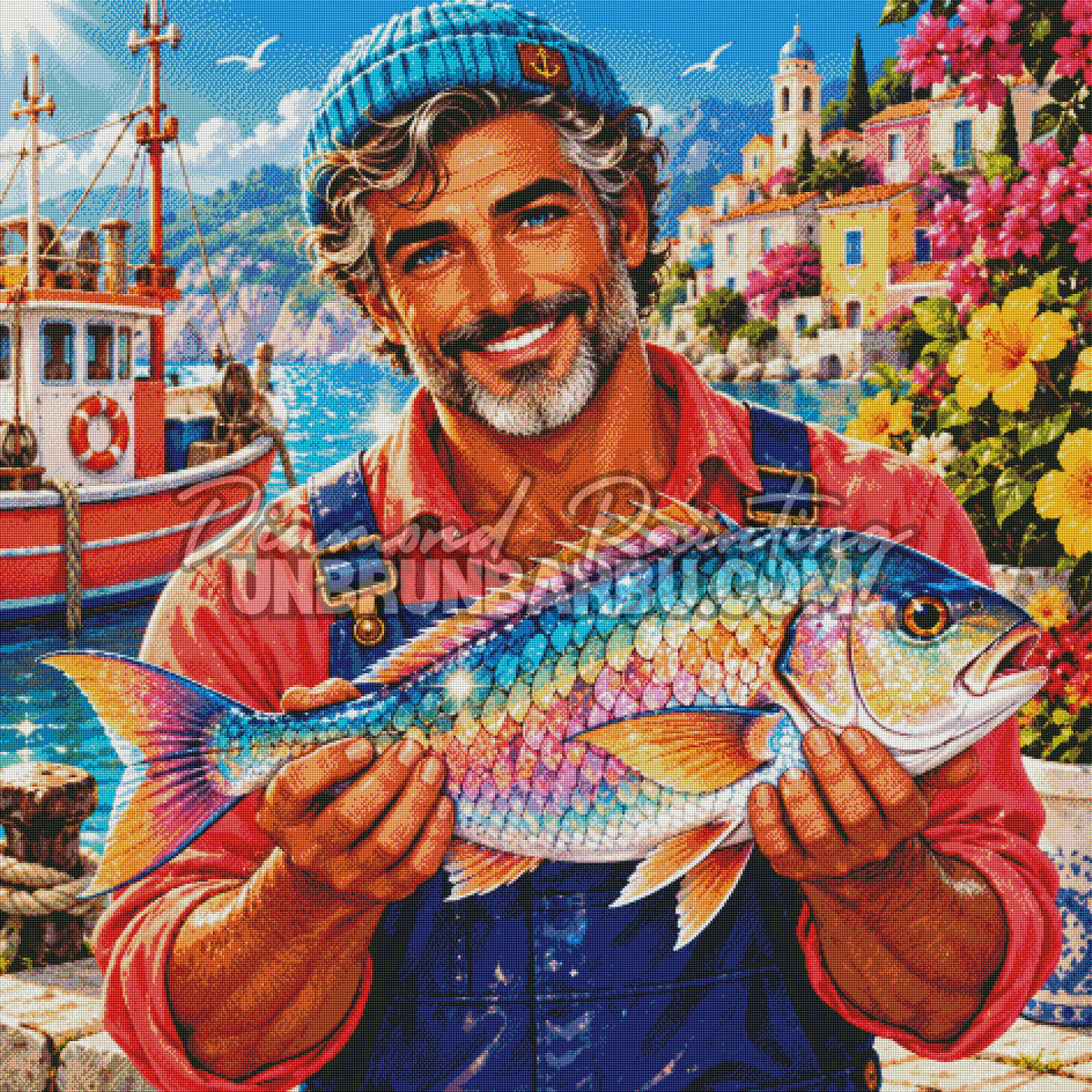 Rendu diamante du Diamond Painting Pecheur de la Cote Fleurie 120x120 cm avec poisson aux ecailles colorees