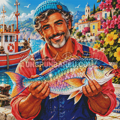 Rendu diamante du Diamond Painting Pecheur de la Cote Fleurie 120x120 cm avec poisson aux ecailles colorees