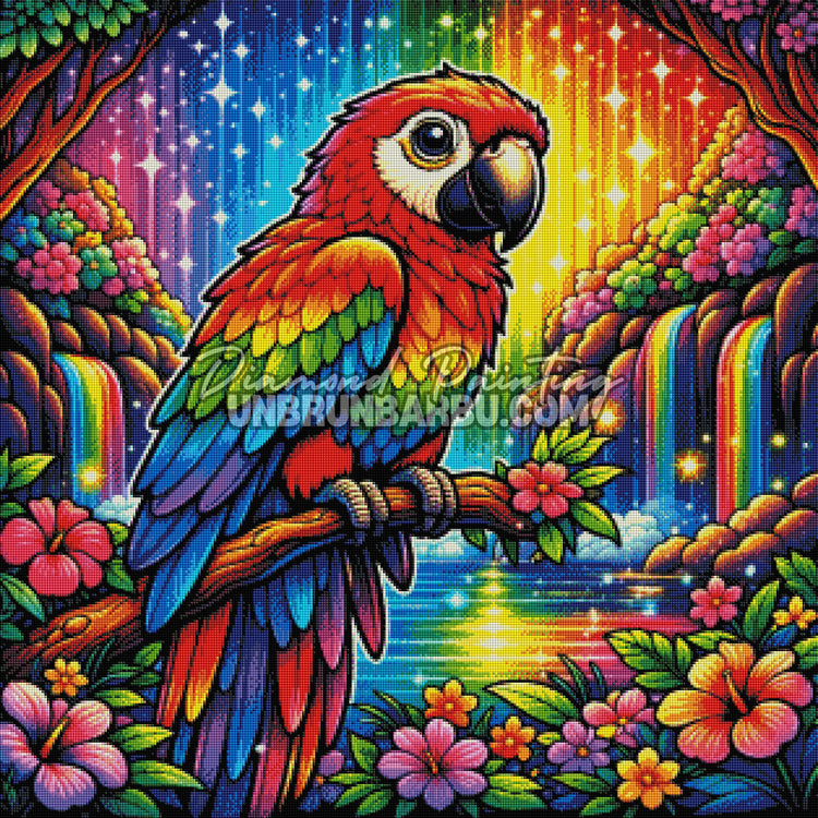 Rendu diamanté du Diamond Painting Perroquet du Paradis Arc-en-Ciel 80x80 cm