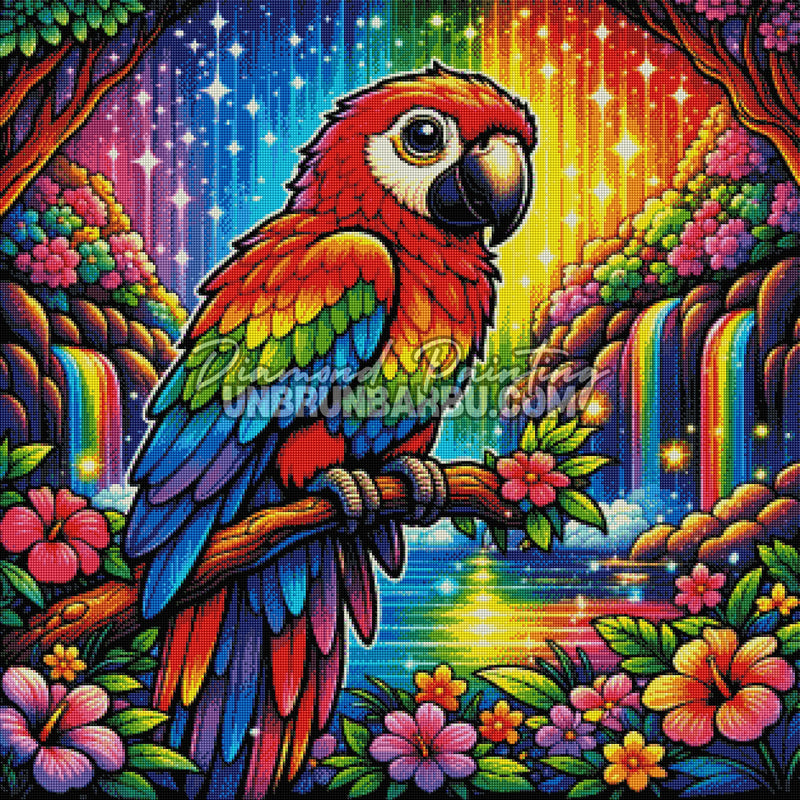 Rendu diamanté du Diamond Painting Perroquet du Paradis Arc-en-Ciel 80x80 cm