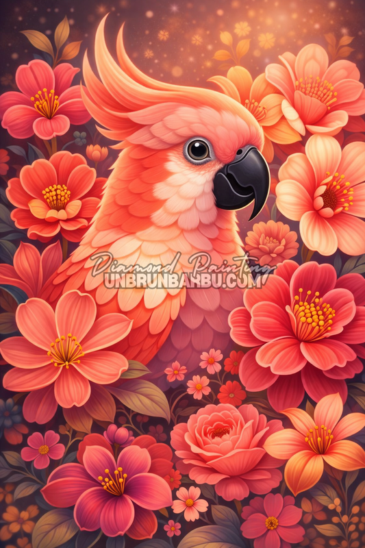 illustration diamond painting perroquet fleurs tropicales