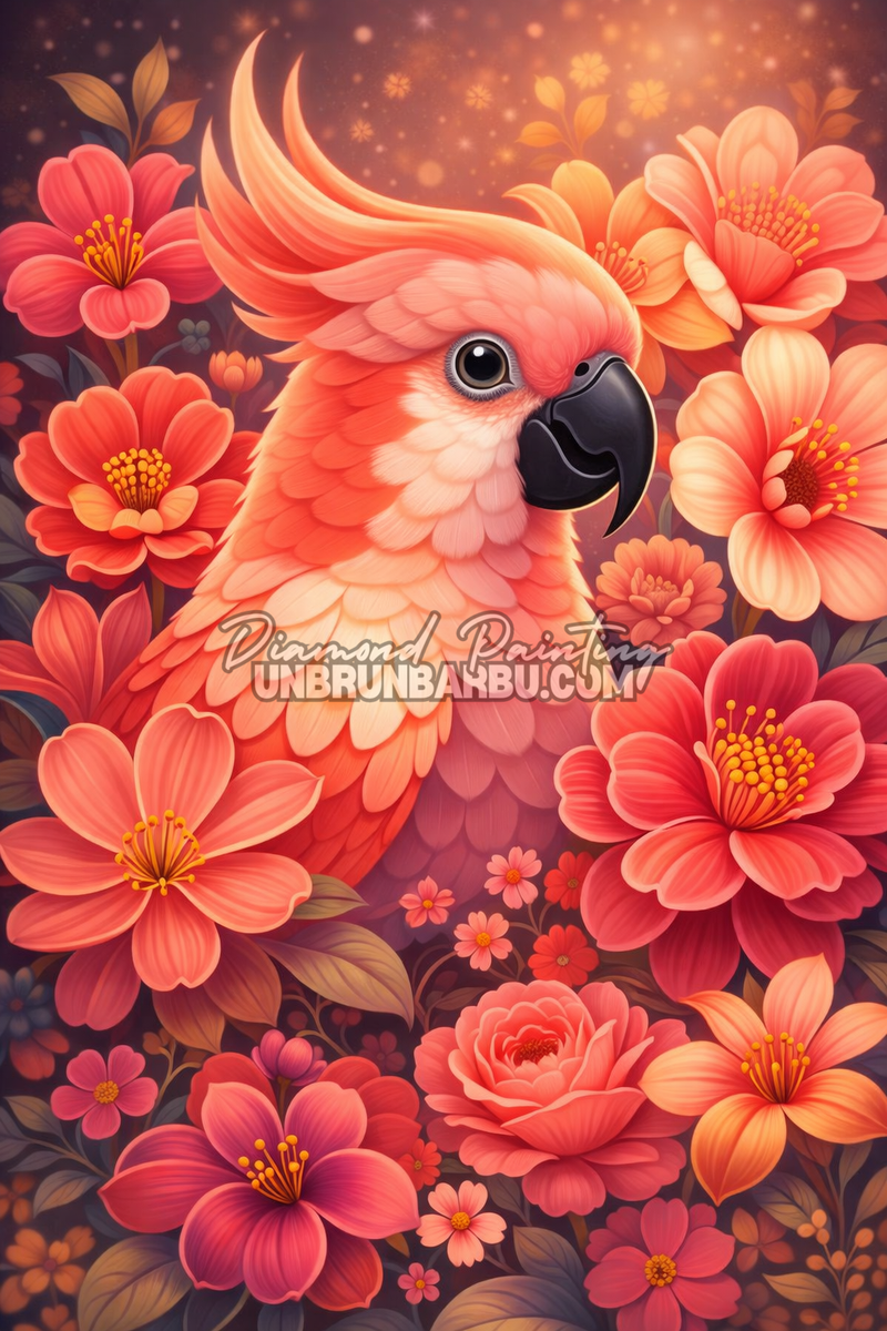 illustration diamond painting perroquet fleurs tropicales