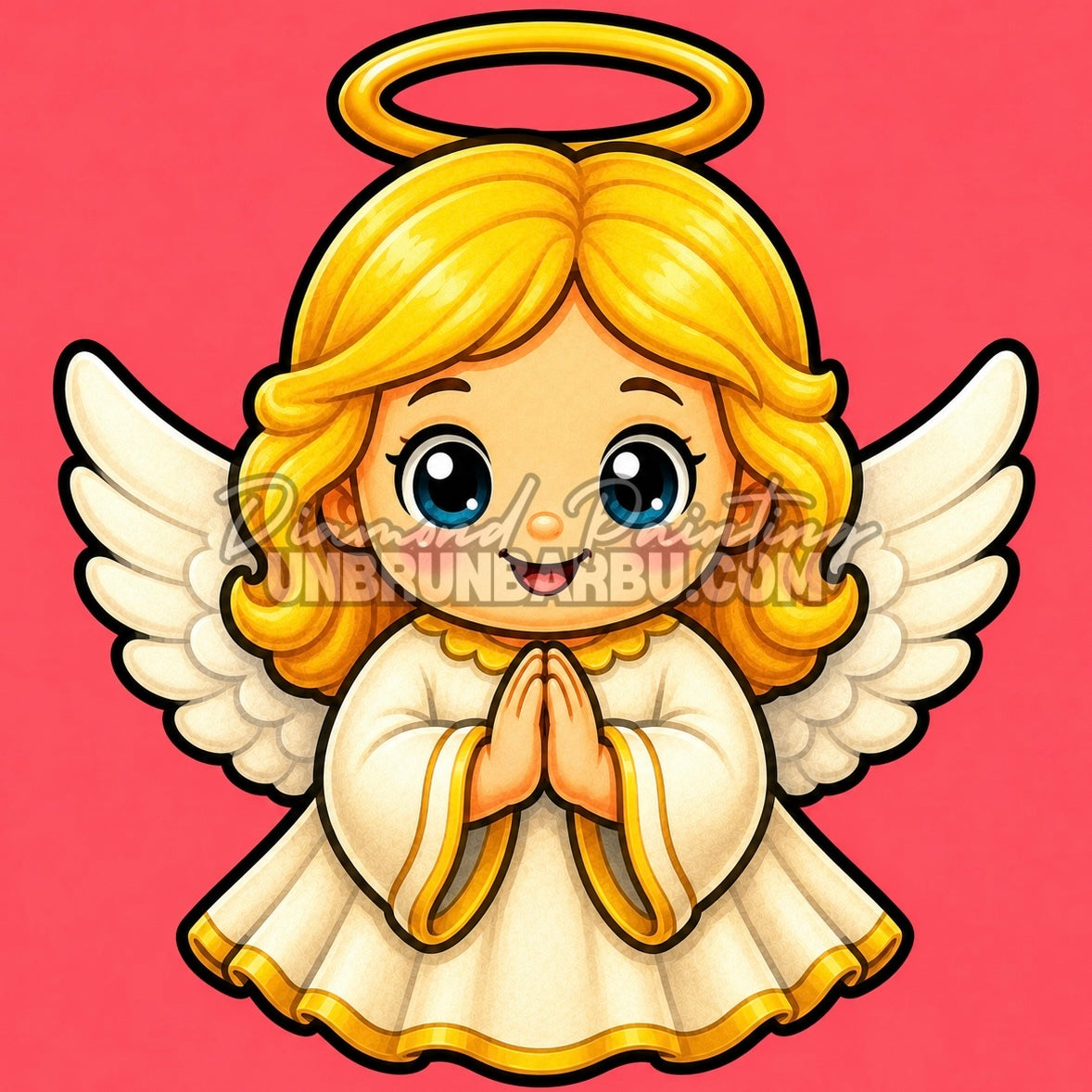 Diamond Painting petit ange de Noël 30x30 cm avec ailes blanches et auréole dorée sur fond corail