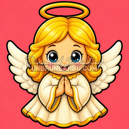 Diamond Painting petit ange de Noël 30x30 cm avec ailes blanches et auréole dorée sur fond corail