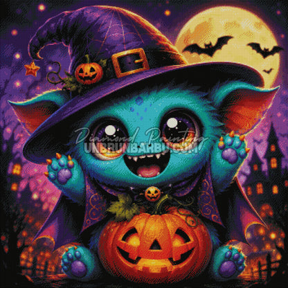 Rendu diamante du Diamond Painting Petit Monstre d Halloween 90x90 cm avec chapeau violet et citrouille lumineuse