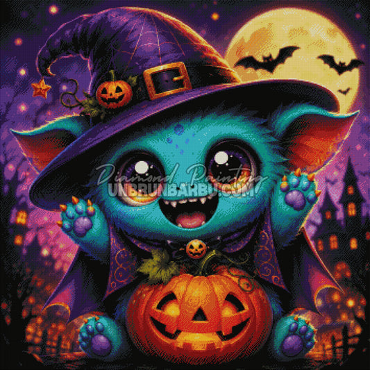 Rendu diamante du Diamond Painting Petit Monstre d Halloween 90x90 cm avec chapeau violet et citrouille lumineuse