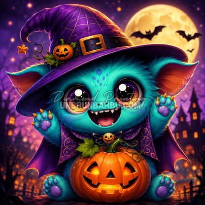 Diamond Painting Petit Monstre d Halloween 90x90 cm avec creature turquoise, citrouille et pleine lune