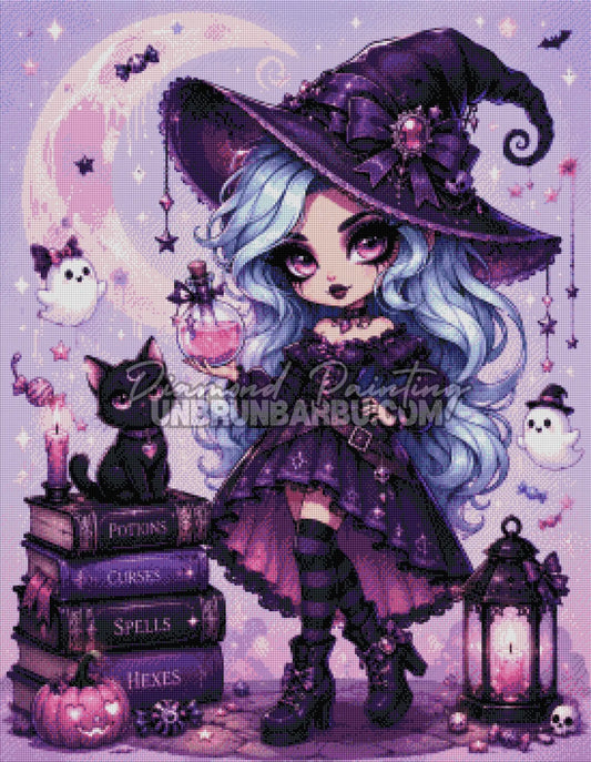 Rendu diamanté du Diamond Painting Petite Sorcière aux Potions 70x90 cm avec chat noir et lune rose
