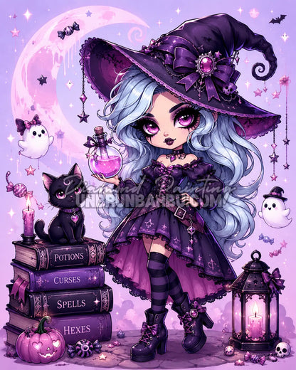 Diamond Painting Petite Sorcière aux Potions 70x90 cm avec potion rose, chat noir et fantômes kawaii