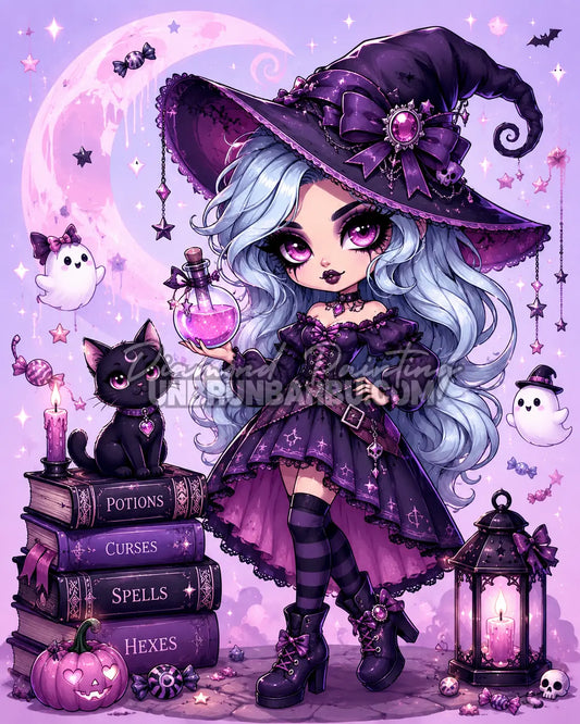 Diamond Painting Petite Sorcière aux Potions 70x90 cm avec potion rose, chat noir et fantômes kawaii