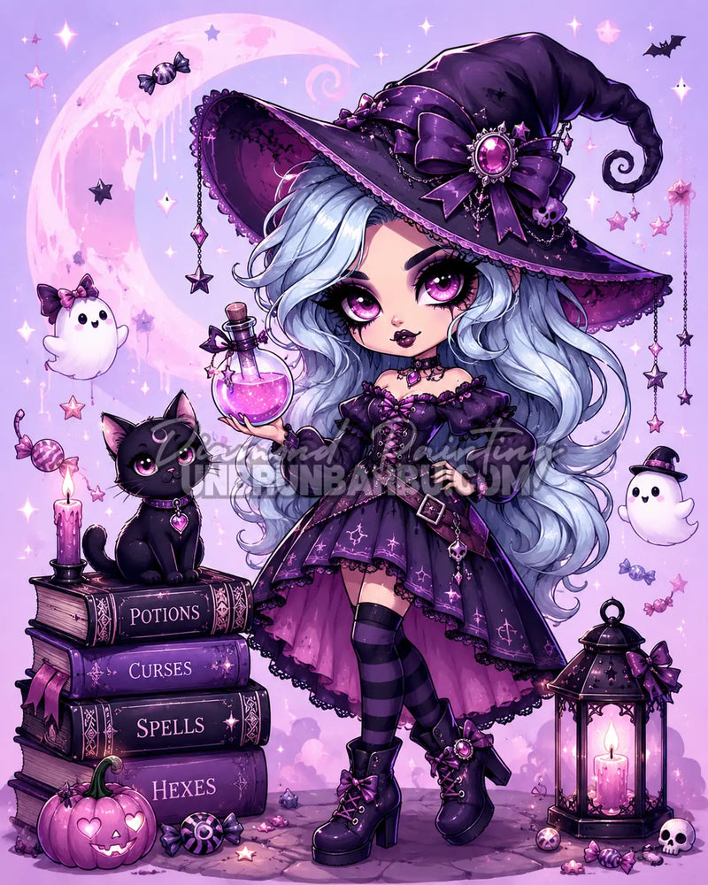 Diamond Painting Petite Sorcière aux Potions 70x90 cm avec potion rose, chat noir et fantômes kawaii