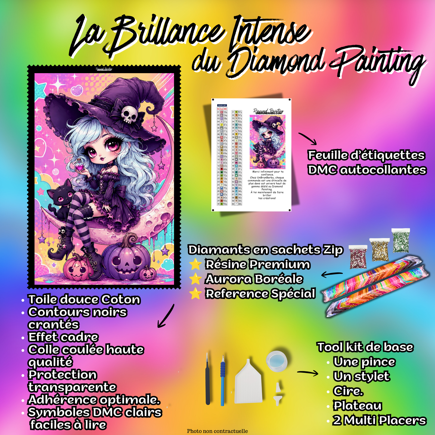 Kit premium Diamond Painting Petite Sorcière Lunaire avec toile coton, diamants en sachets zip, étiquettes DMC et accessoires