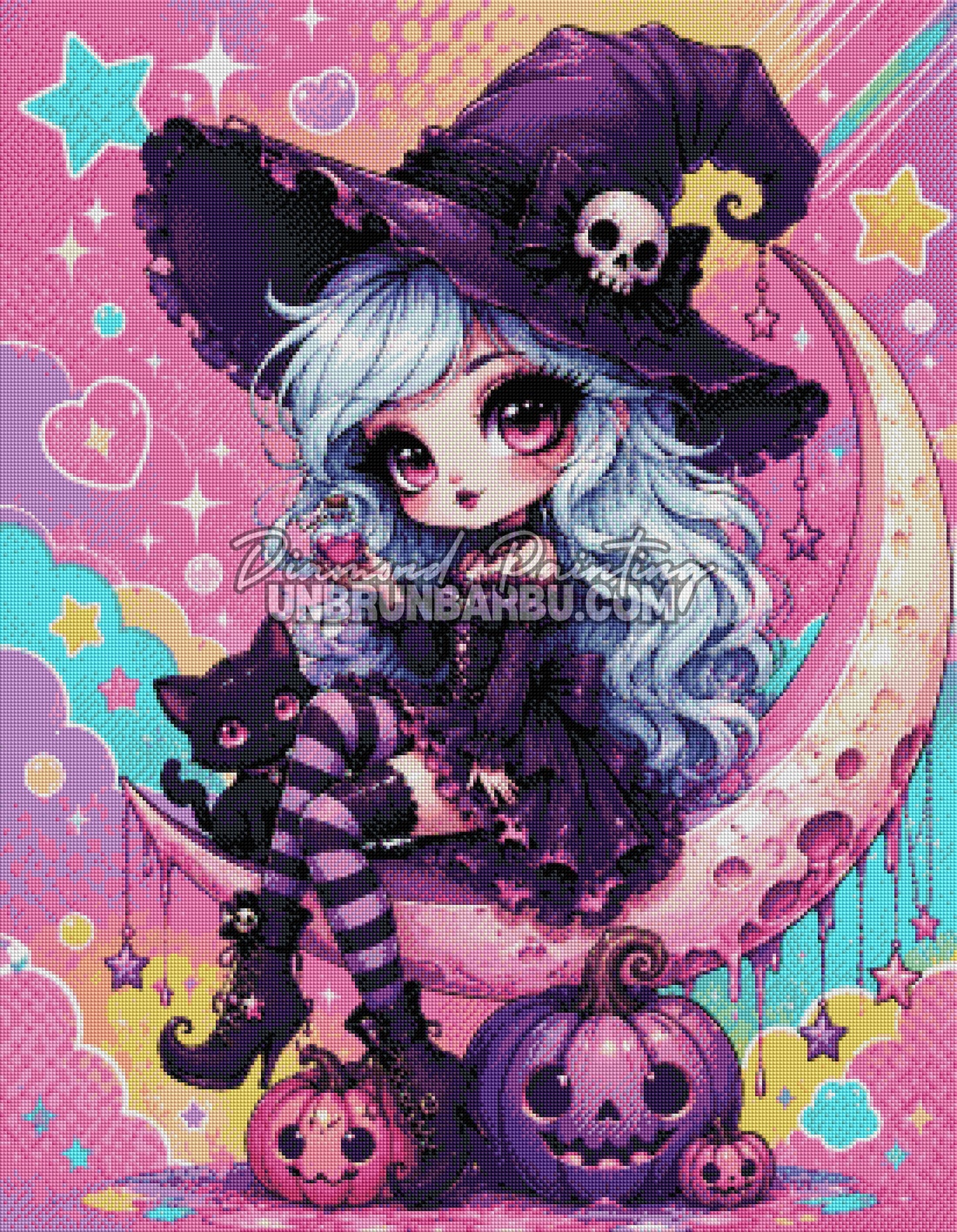 Layout Diamond Painting Petite Sorcière Lunaire 70x90 cm avec aperçu diamanté de la sorcière kawaii, du chat noir et des citrouilles