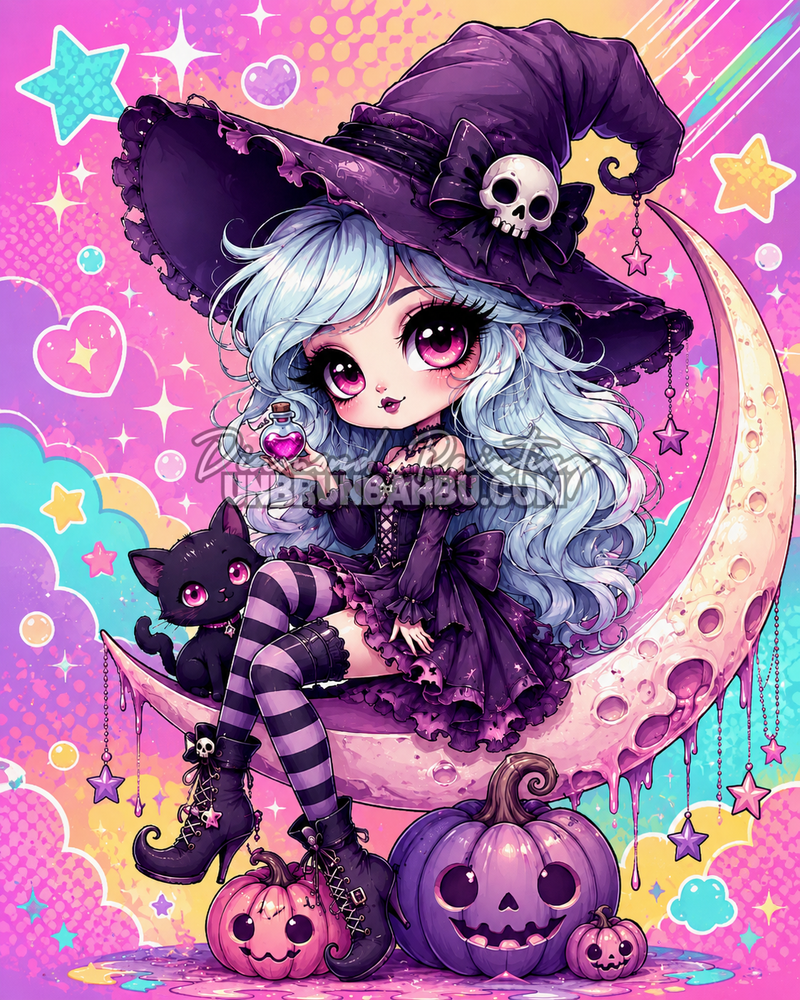 Diamond Painting Petite Sorcière Lunaire 70x90 cm avec sorcière kawaii, chat noir, lune rose, citrouilles et décor pastel magique
