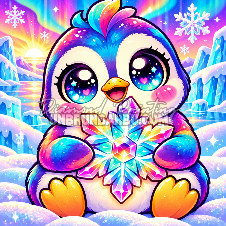 Diamond Painting Pingouin au Flocon de Cristal 60x60 cm en 100 pourcent Cristaux avec glaciers et aurores boreales