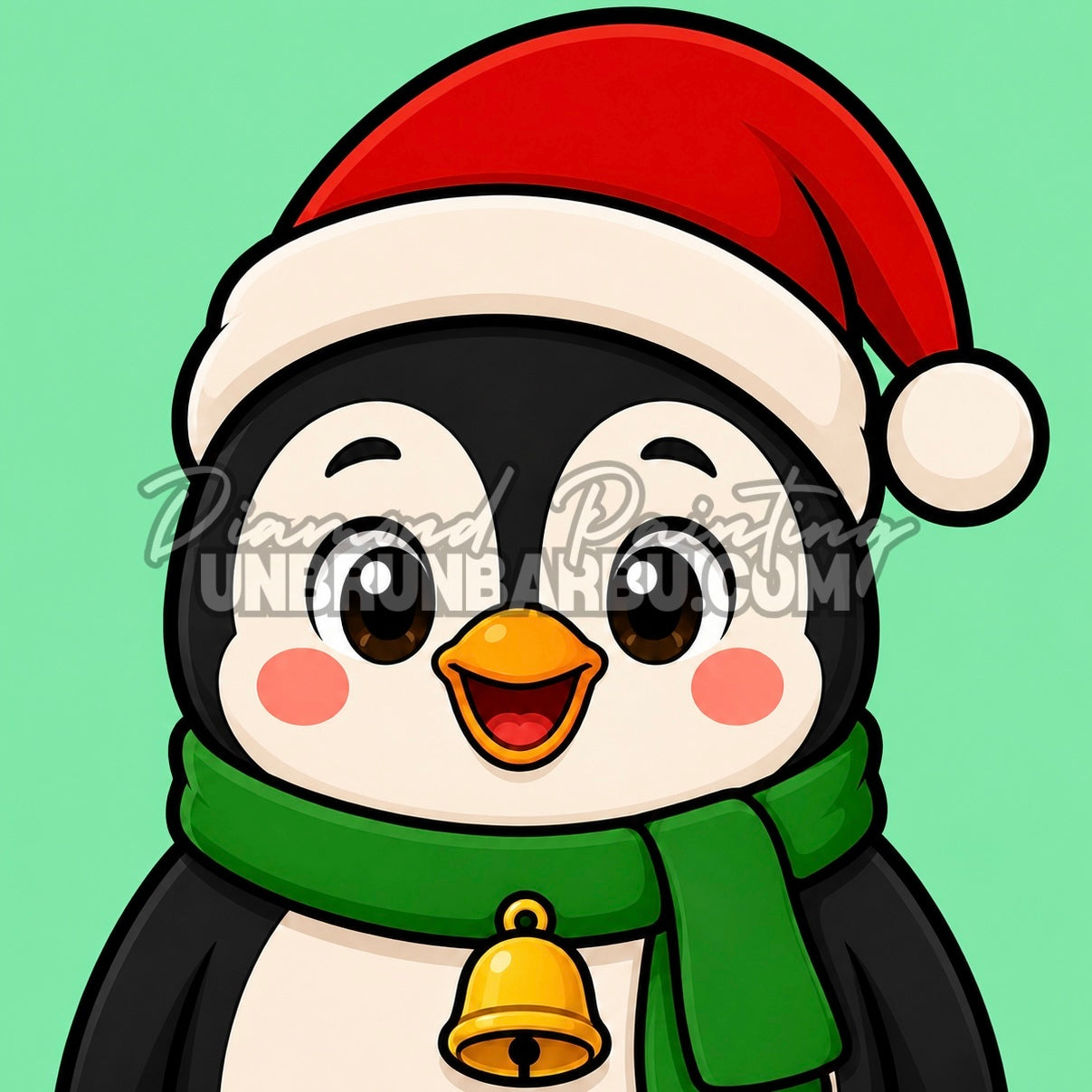 Diamond Painting pingouin de Noël 30x30 cm avec bonnet rouge et écharpe verte sur fond menthe