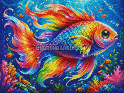 Rendu diamante du Diamond Painting Poisson aux Ecailles Arc-en-Ciel 100x75 cm dans un recif colore