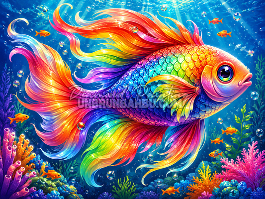 Diamond Painting Poisson aux Ecailles Arc-en-Ciel 100x75 cm avec nageoires multicolores et coraux