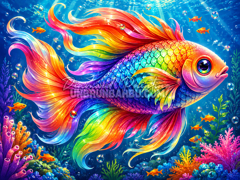 Diamond Painting Poisson aux Ecailles Arc-en-Ciel 100x75 cm avec nageoires multicolores et coraux