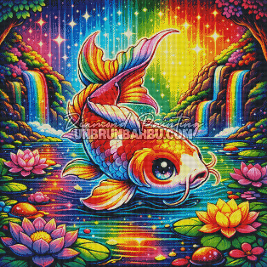 Rendu diamanté du Diamond Painting Poisson Koi du Lac Arc-en-Ciel 80x80 cm